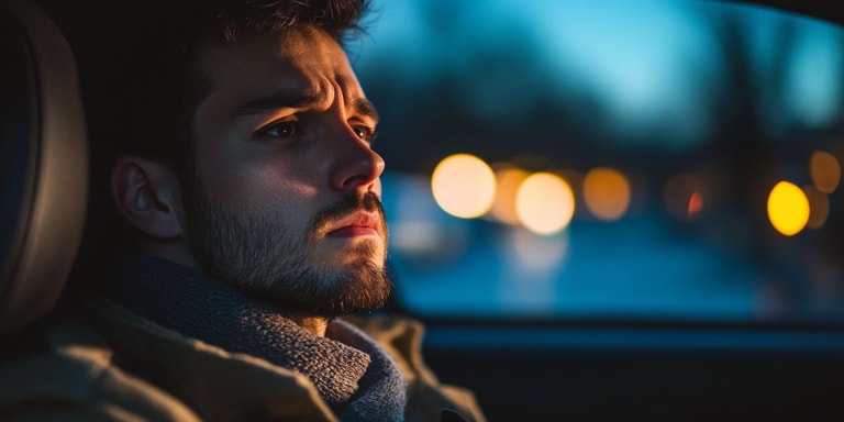 A man looking concerned while sitting in a car, representing the anxiety of facing a 1st time DUI charge.